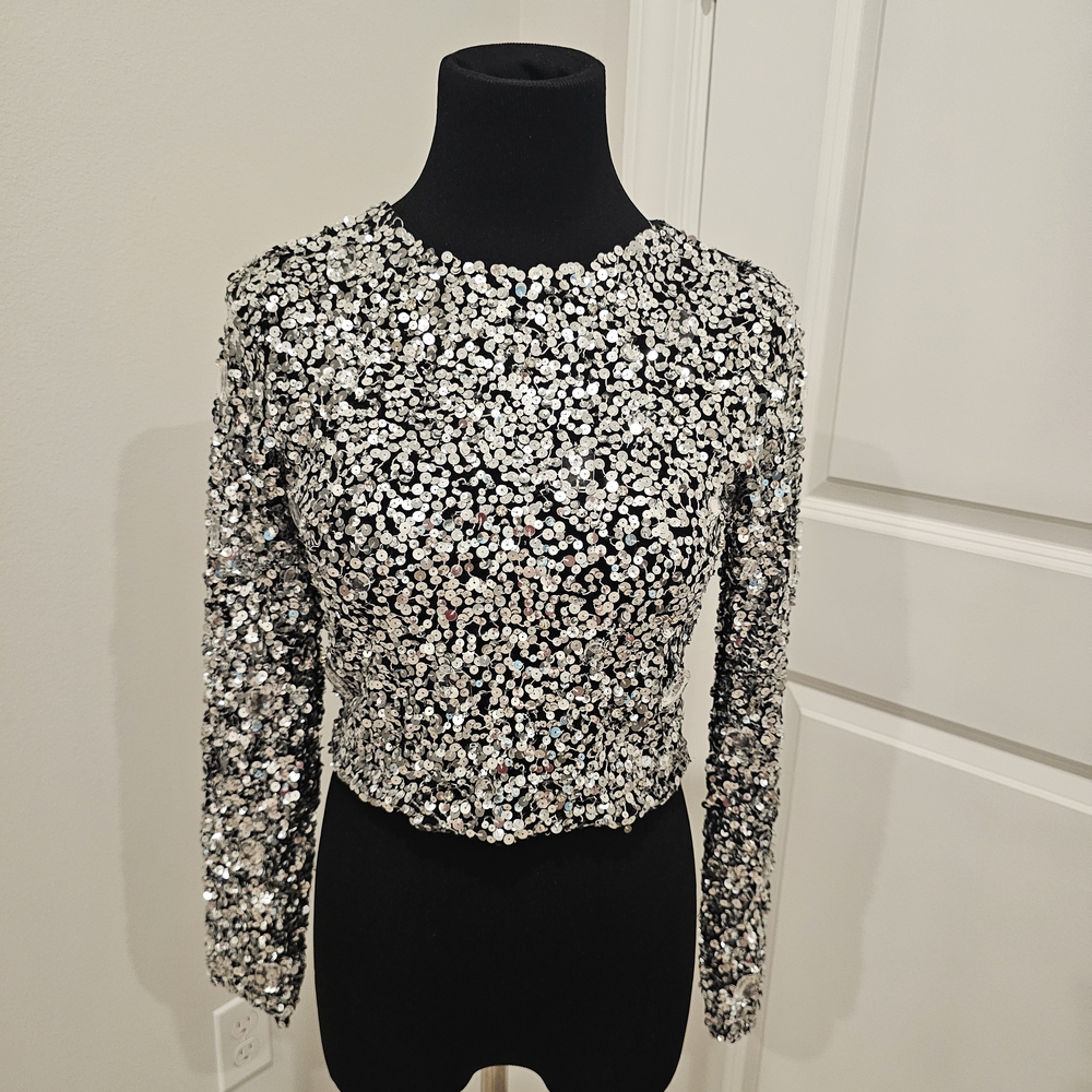 Alice + Olivia Silver Sequin Blouse